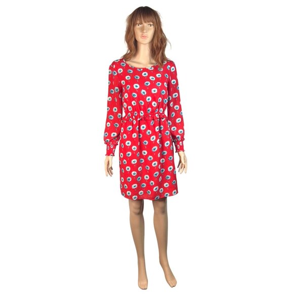 J. Crew Red Dandelion Floral Print Smocked Long Sleeve Round Neck Preppy Dress 0 - Picture 4 of 12